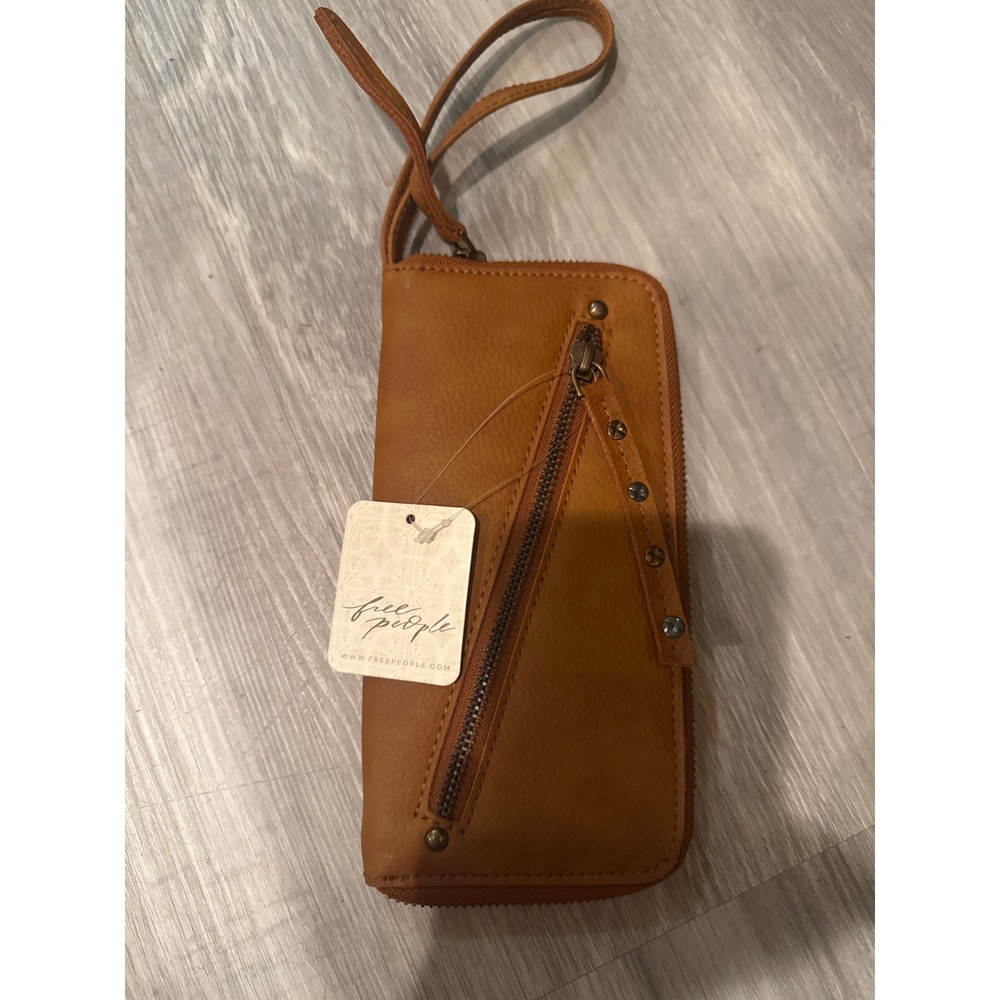 Free People Vegan Leather Wristlet Wallet Brown Studded Zip Around OB1676275